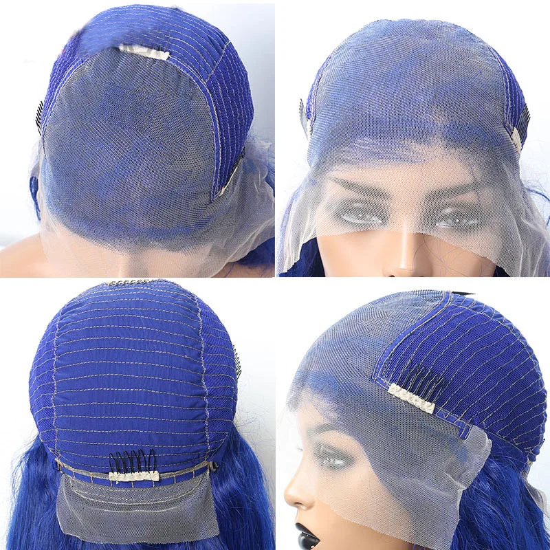 Синий цвет 13х6 парик из человеческих волос для женщин бразильские волнистые