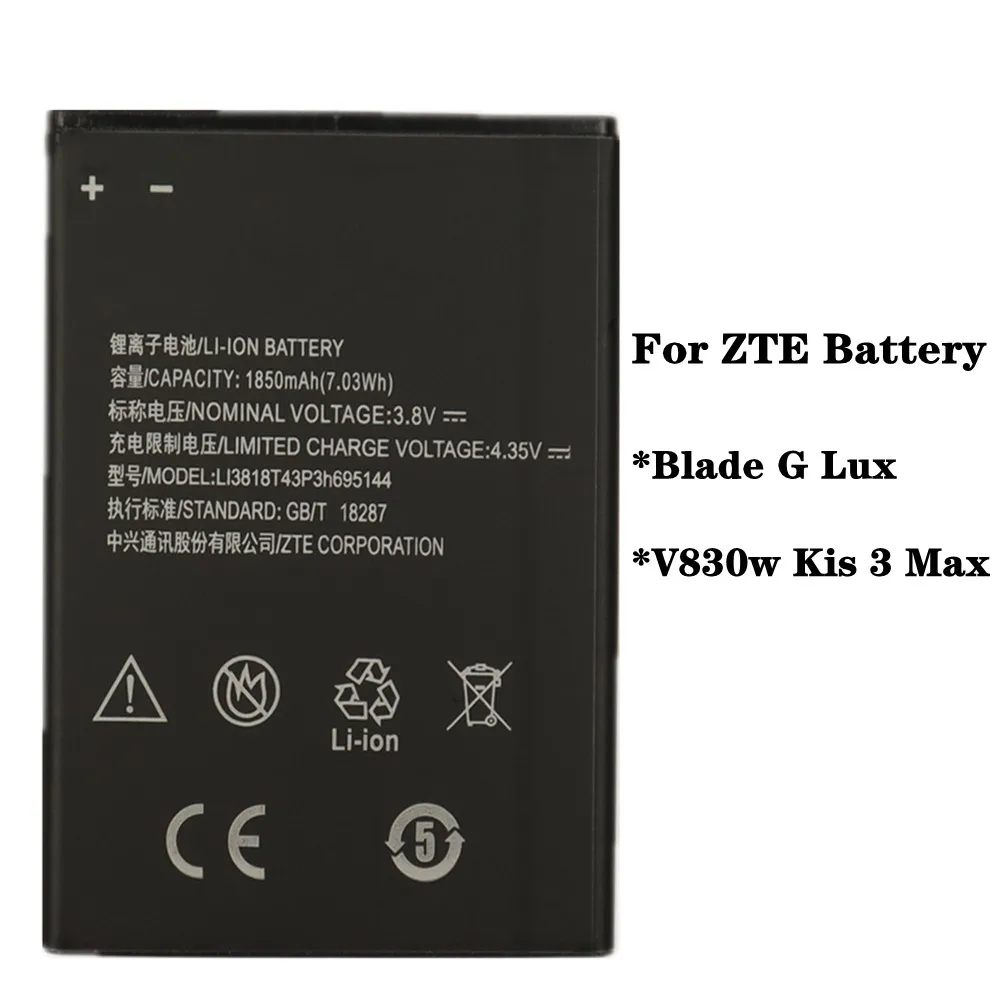 

For ZTE Blade G Lux / V830w Kis 3 Max Phone Battery Li3818T43P3h695144 1850mAh High Quality Phone Replacement Batteries