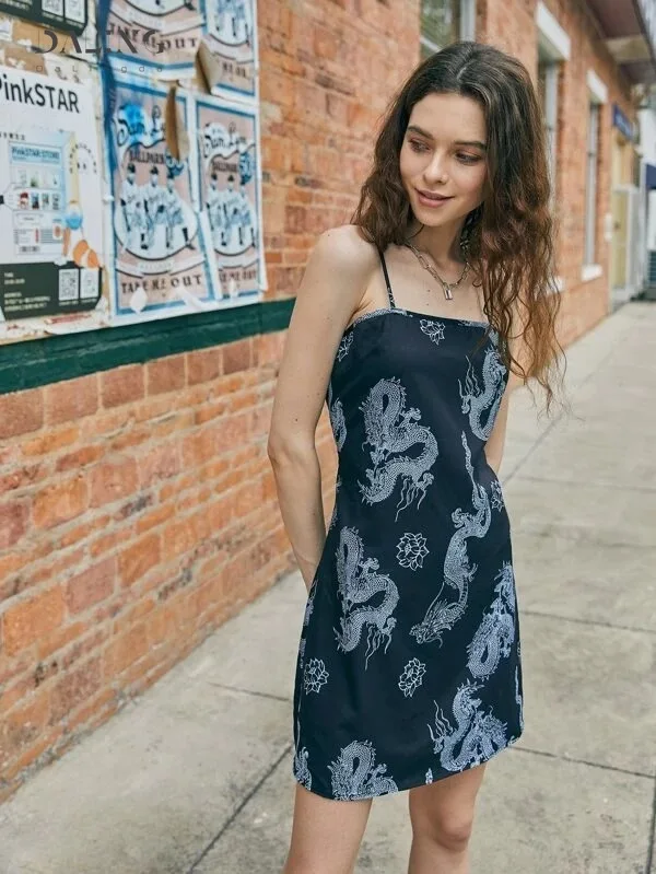 

2021 New Summer Women Dragon Pattern Sleeveless Split Hip Slender Slim Fit Sexy Print Dress motel rocks