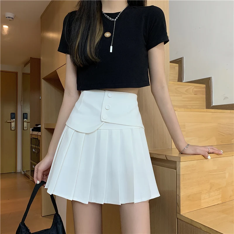 Супер популярная короткая юбка с высокой талией белая черная плиссированная
