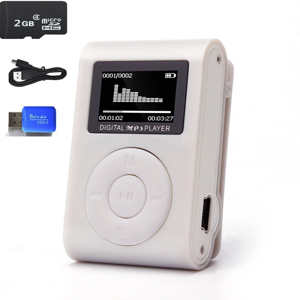 2 Гб памяти автомобиля мини USB Клип ЖК-экран MP3 музыкальный плеер Поддержка MP3-плеер USB линия передачи данных наушники спортивный металлический музыкальный плеер - Цвет: Серебристый