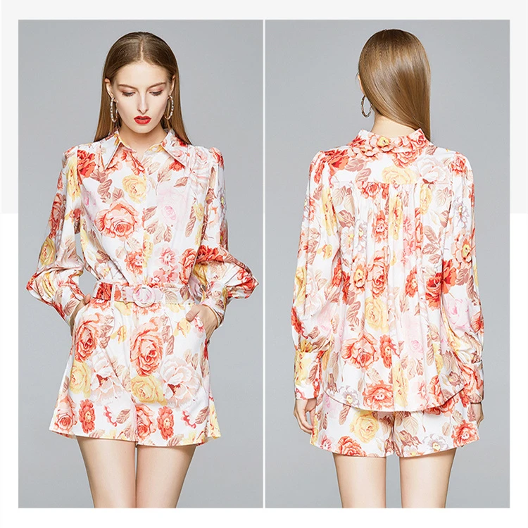 

Summer Women Fashion Print Two Piece Sets Shorts Suit Long Sleeve Single-Breasted Lapel Retro Shirt + High Waist Belt Shorts Set