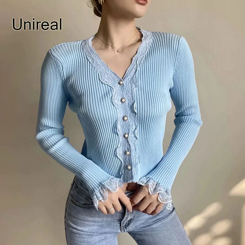 

Unireal 2021 Autumn Women Knitted Cardigan Vintage Lace Crochet Long Sleeve Slim Female Sweaters Sexy Jumpers