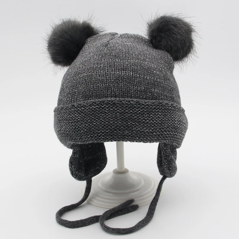 Детская зимняя детская шапка с помпонами из искусственного меха Шапка-бини