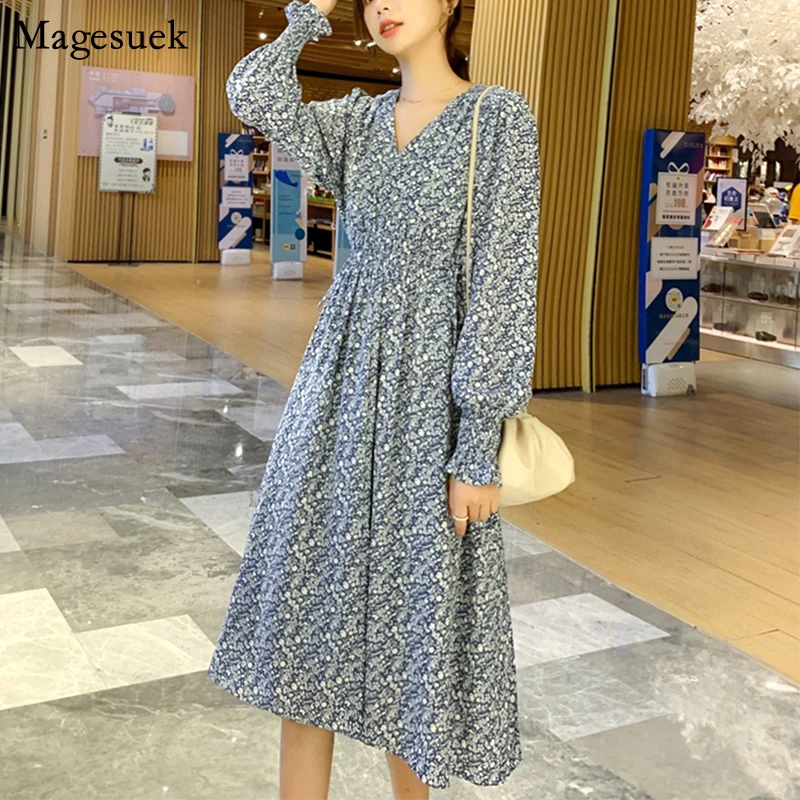 

Женское шифоновое платье-миди с длинным рукавом, V-образным вырезом