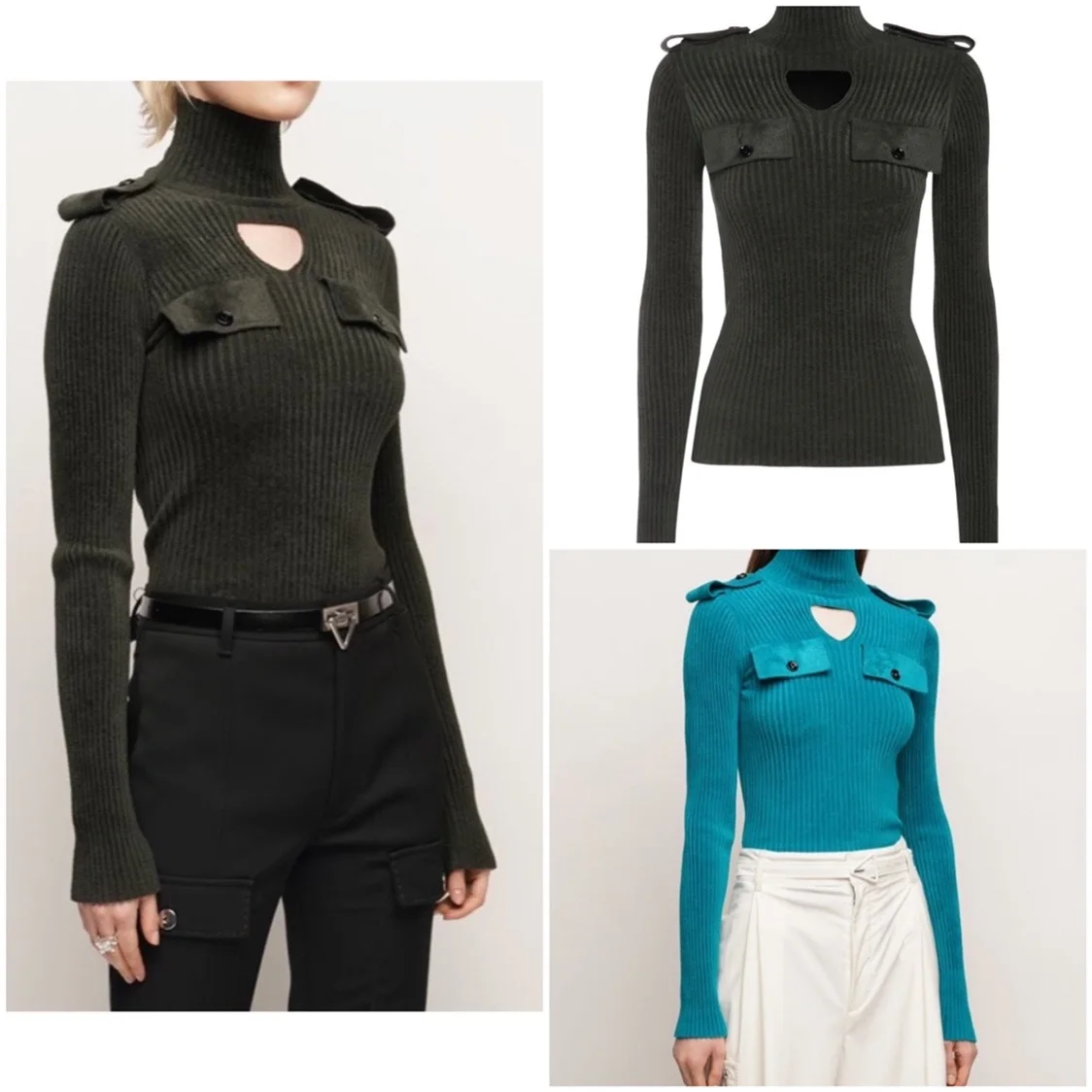 

2021 autumn and winter all-match women's triangle hollow design stretch ribbed shoulder pad design knitted turtleneck pullover