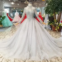 new 2021 grey luxury beading wedding dress long sleeve elegant ball gown high neck bridal wedidng gown white shining crystal