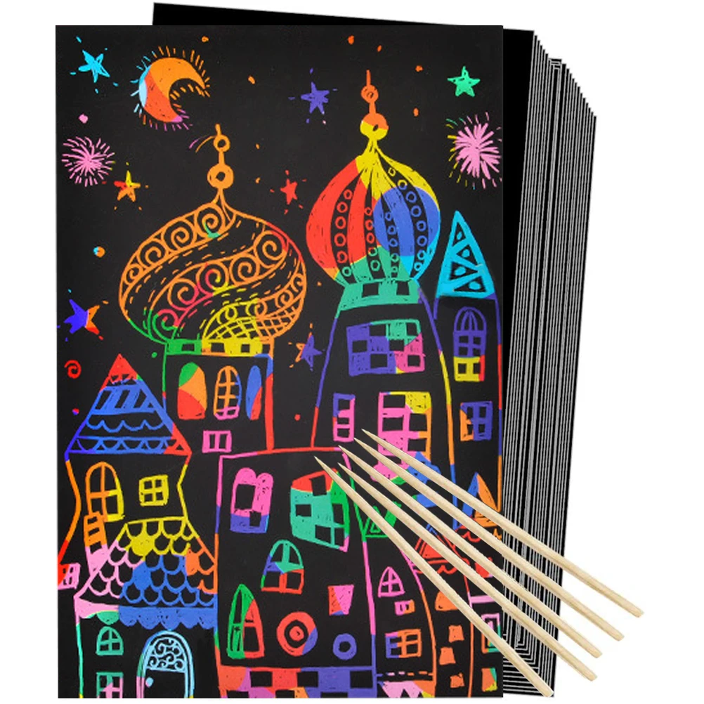 

50Pcs Art Rainbow Scratch Paper Bamboo Stylus Set Scratch off Art Craft Supplies Kits for Kids for Fun DIY Toy Party Favors Game