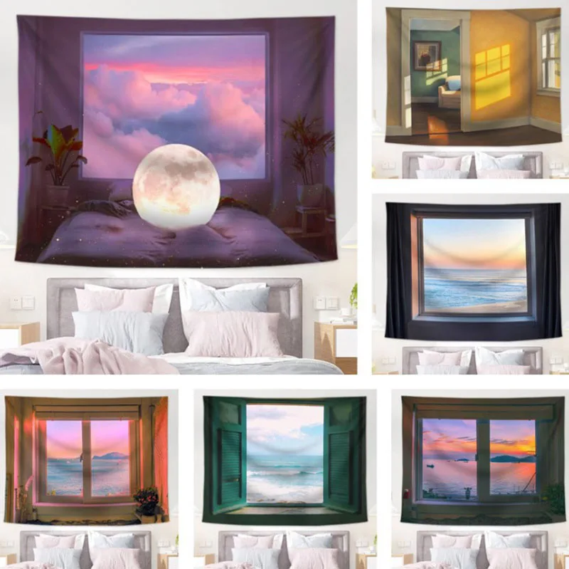 

Wall Decor Tapestry Hanging Room Window Scenic Ocean Decoration Kawaii Sunset Seaview Seascape Decoration Dorm Beach Blanket