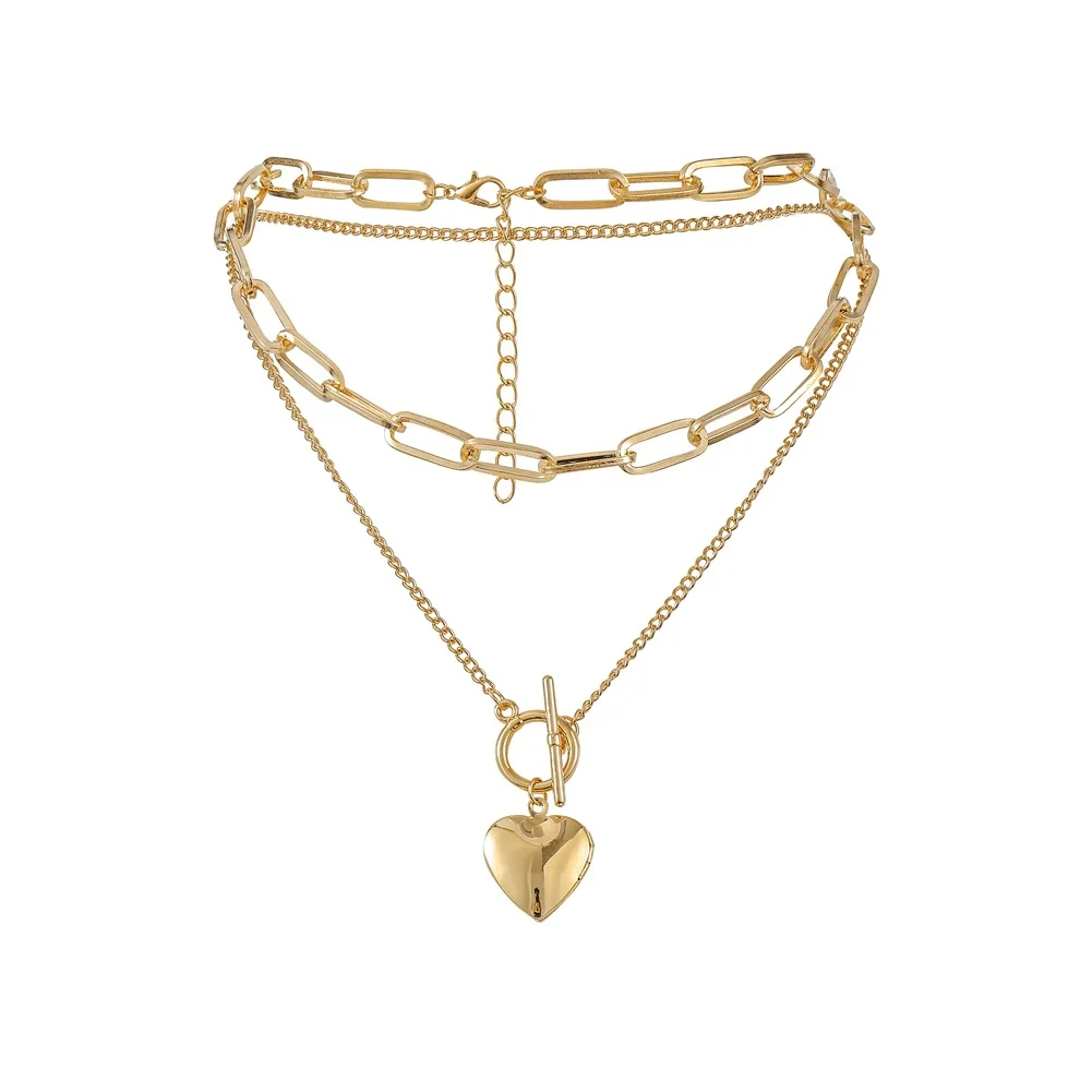 

new urn necklaces for women lancuch na szyje colier femme Heart pendant collier Bohemia fashion metal OT buckle multilayer chain