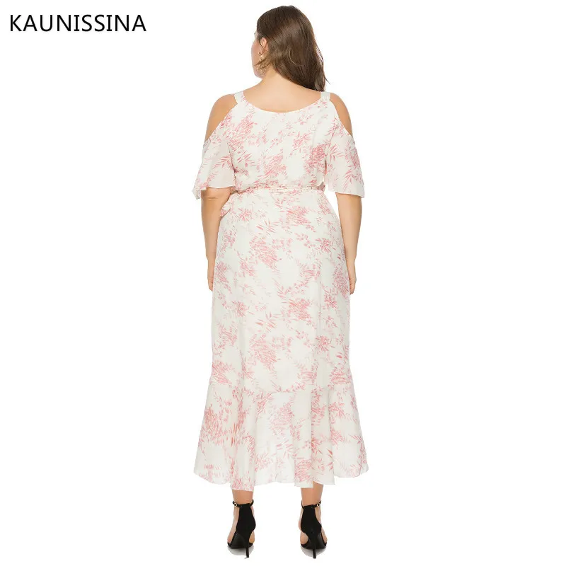 

KAUNISSINA Women Cocktail Dress Plus Size Floral Printed Party Prom V-neck Short Sleeve Long Asymmetrical Club Homecoming Robe