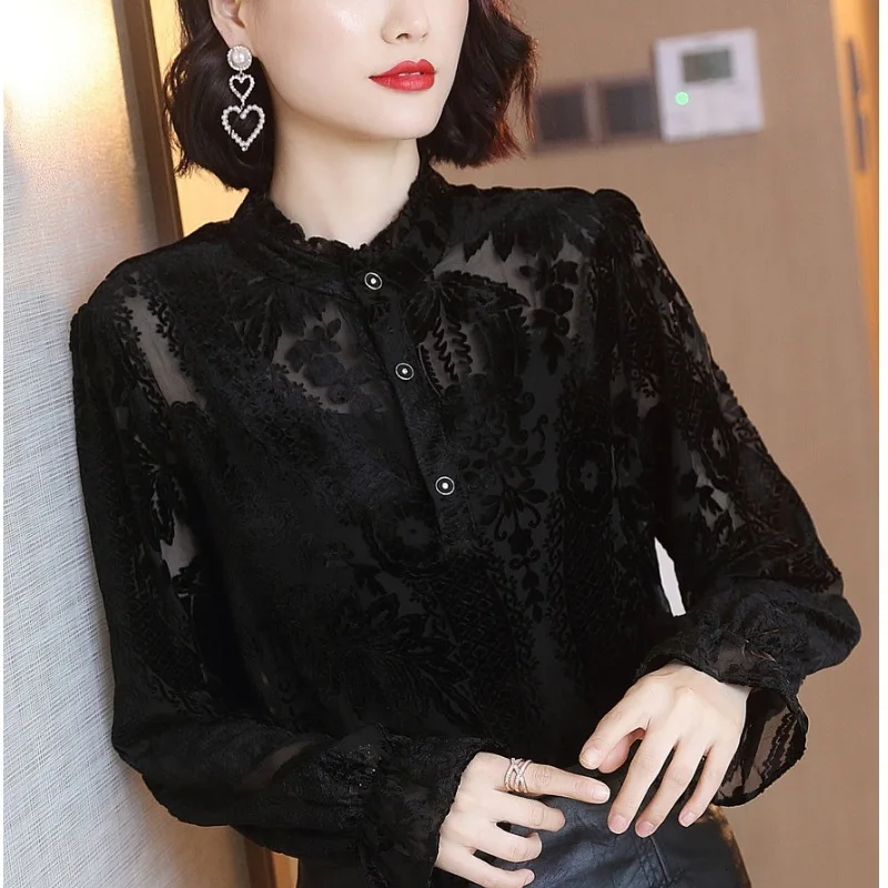 Перспективная кружевная женская блузка с узором 2020 рубашка длинным рукавом Blusas