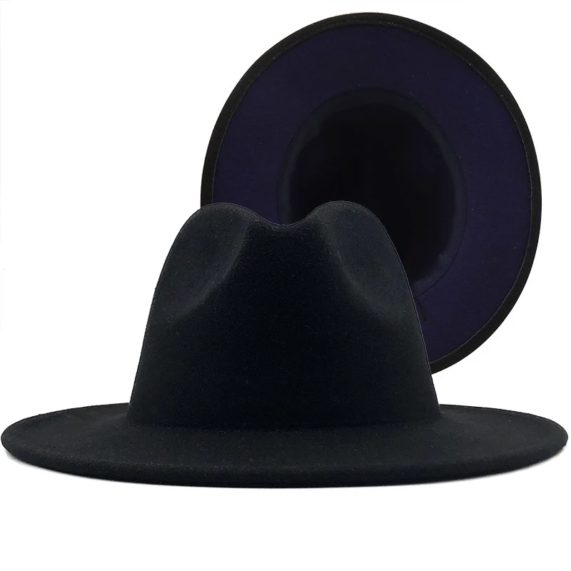 

Classics Women Men Outer Black Inner Purple Wool Felt Jazz Two Tone Fedora Hat Vintage British Style Wide Brim Panama Cap