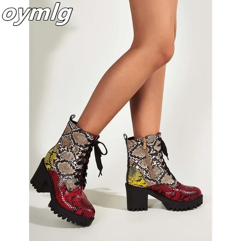 

Brand Sale Square Heels Big Size 43 Multi Snake Veins Skidproof Sole Platform Booties Ankle Women Shoes Female Boots