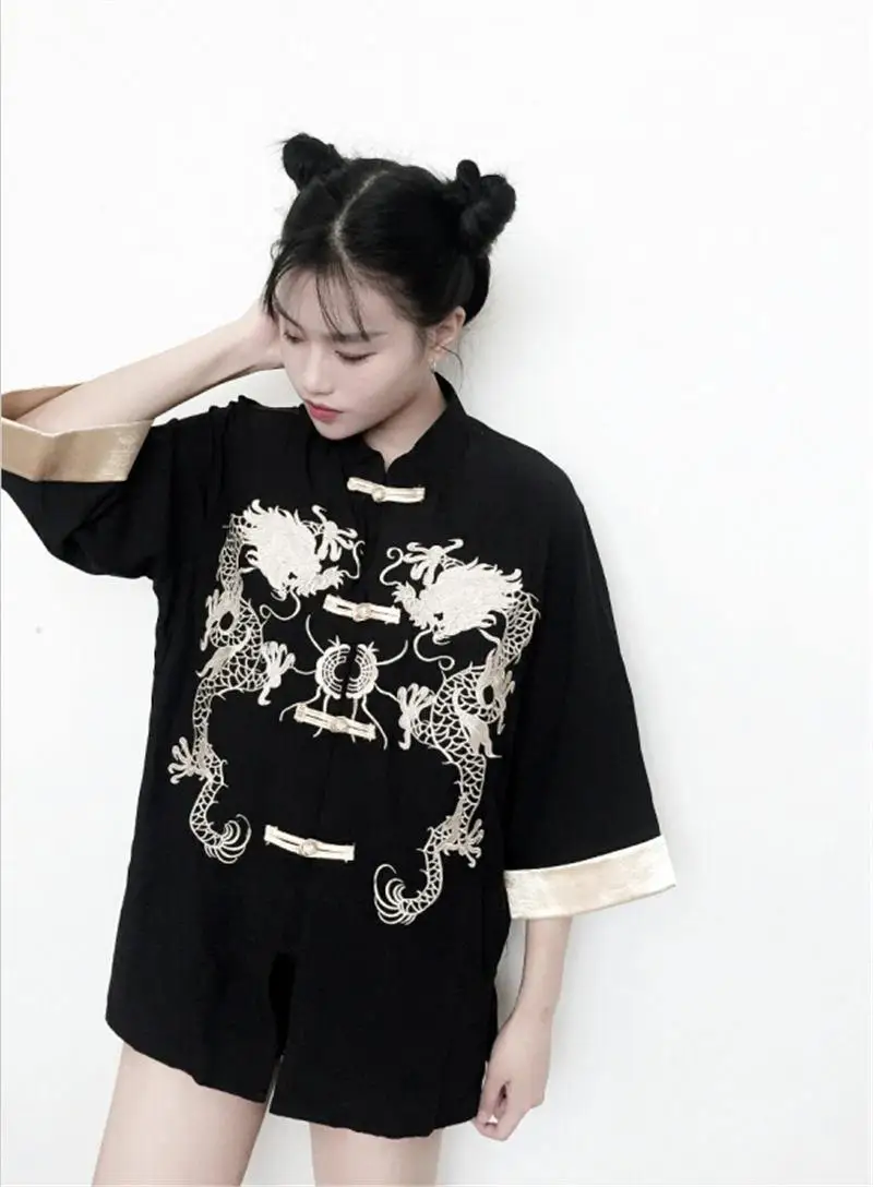 Chinese Style Embroidery Shirt Loose Stand Collar Casual Blusa Women Black Retro Tops |