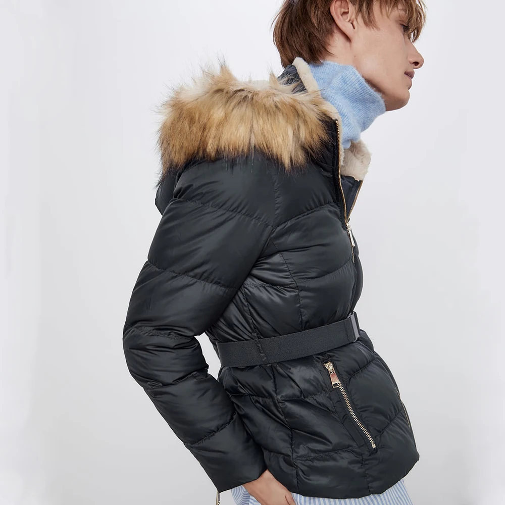 ZA Женская Двухцветная зимняя хлопковая одежда Повседневная С Капюшоном