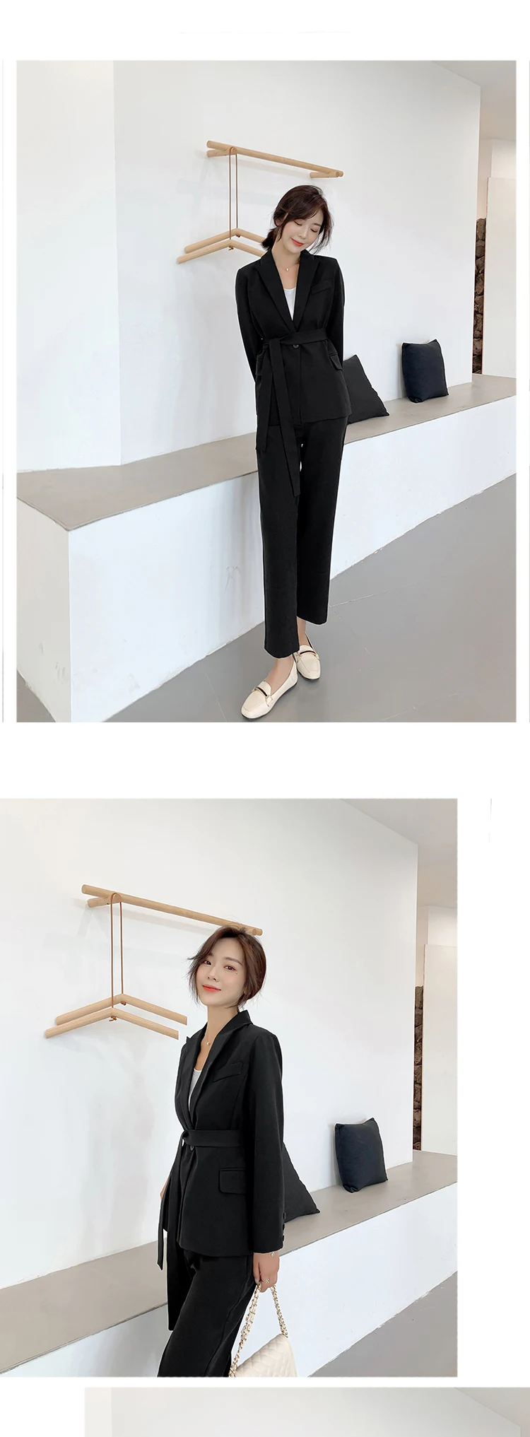 New Arrival Women Notched Long Sleeve Blazer With Belt Straight Long Pants 2 Piece Set Female Caramel Casual Pants Suit S98302F