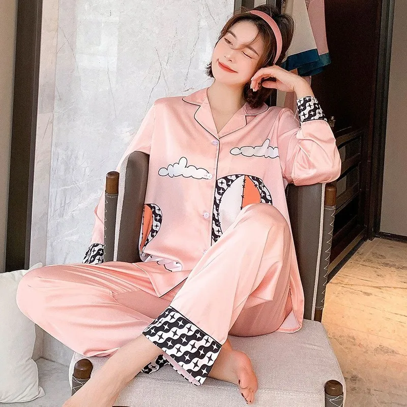 

Casual Sleepwear Silky Satin 2PCS Sleep Set Women Pajamas Soft Shirt&Pants Nightwear 2021 Spring New Home Clothes Pijamas