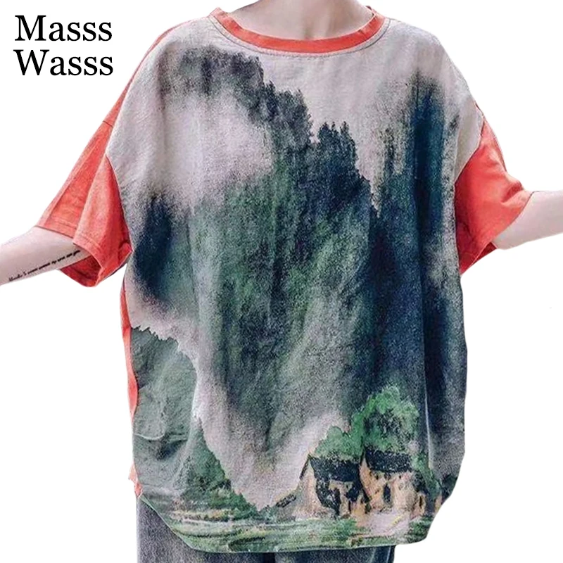 

Женская винтажная свободная футболка Masss Wasss, хлопковая Футболка контрастных цветов с круглым вырезом и принтом в китайском стиле, Новинка л...