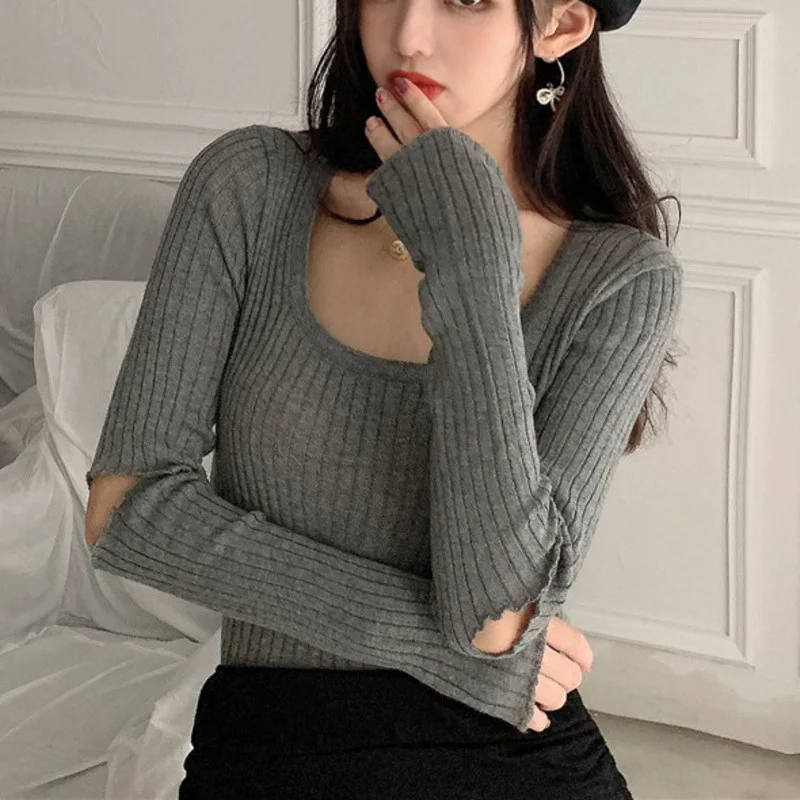 Женский однотонный базовый свитер облегающий элегантный пуловер с длинным