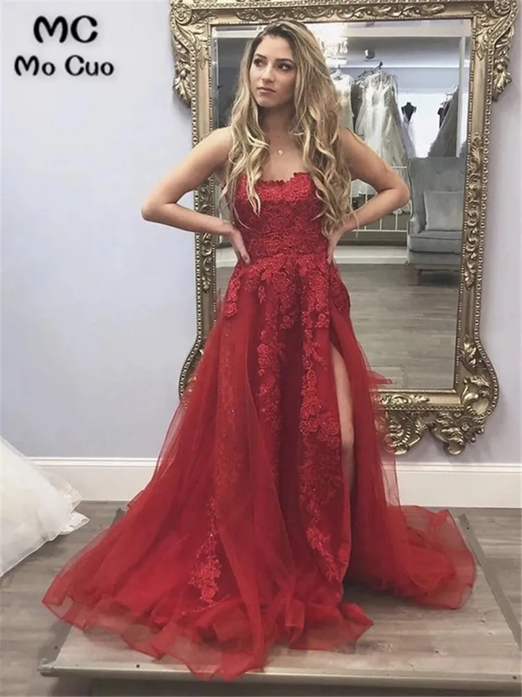 

Puffy Wine Red Evening Dresses Long Prom Gown Front Slit Appliques Women's Evening Dress Tulle Prom Dress Custom Made