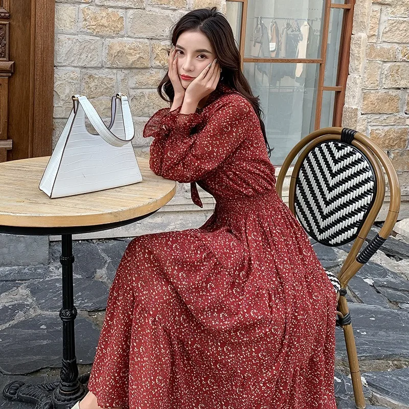 

GOOHOJIO Vintage Stand Collar Ruched Sleeve A-line Dress Women Floral Print Elastic Waist Female Dress Spring Vestidos Femme