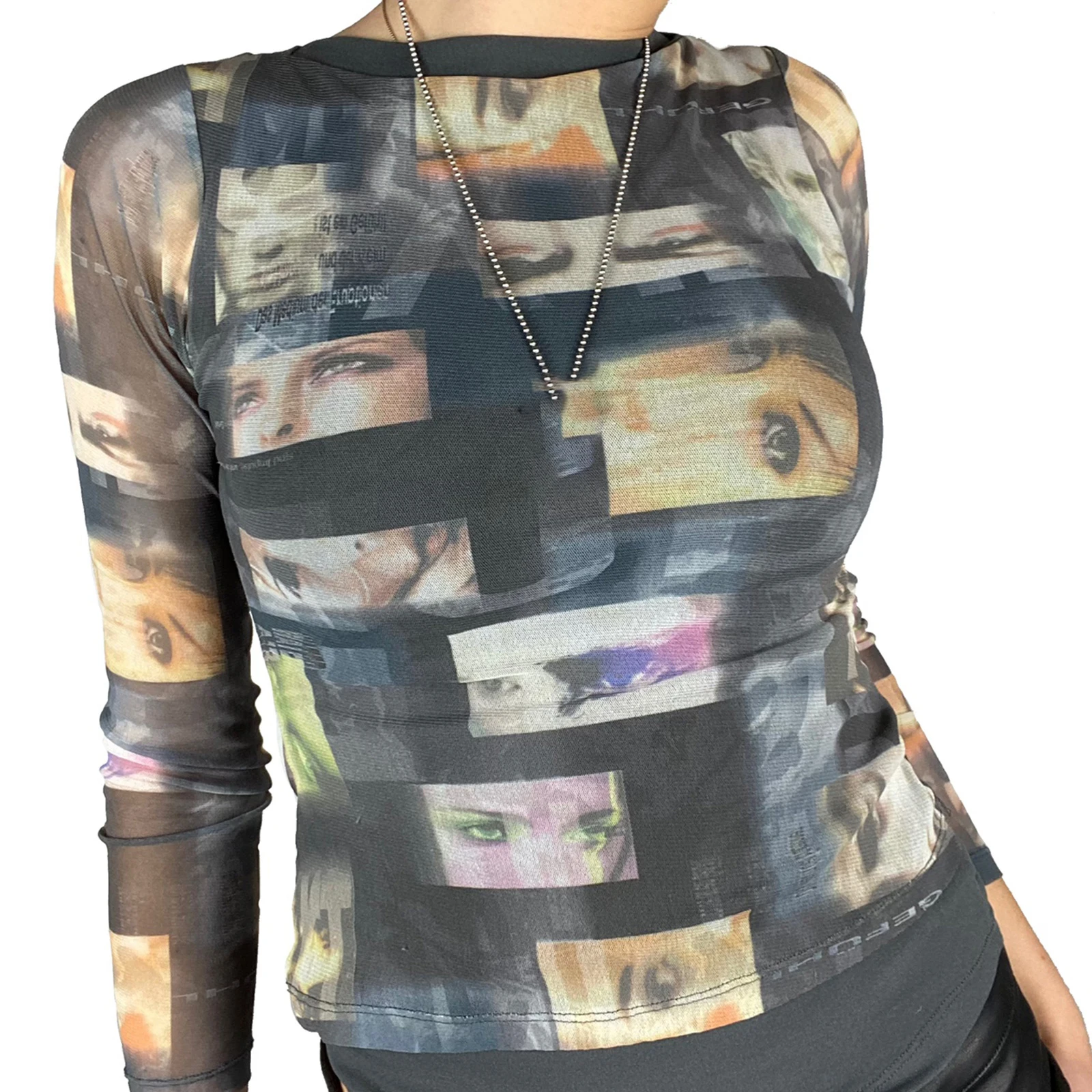 

Women Fashion Sheer Mesh Tops Stylish Long Sleeve Portrait Print Crew Neck Slim Fit T-Shirts