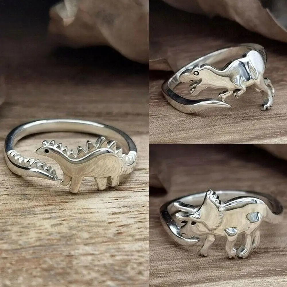 

925 Real Sterling Silver Dinosaur Stegosaurus/Tyrannosaurus/Long-necked Dragon/Triceratops Adjustable Open Rings For Boy