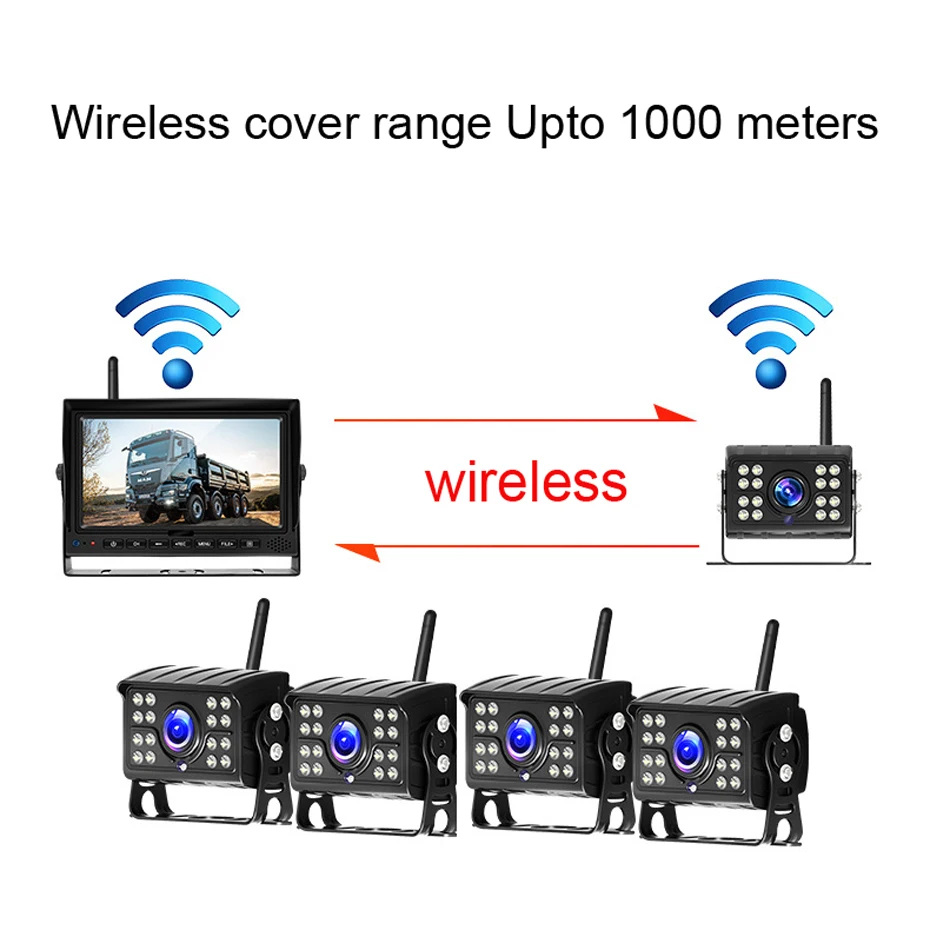 저렴한 7 인치 AHD 모니터 DVR 4 무선 카메라 백 주차 센서 백업 대시 레코더 리버스 360 캠 자동차 트럭 후면보기 D012