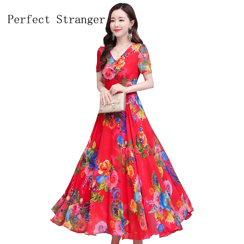 

2021 Summer New Arrival Plus Size M-4XL V Collar Flower Printed Short Sleeve Women Chiffon Long Dress
