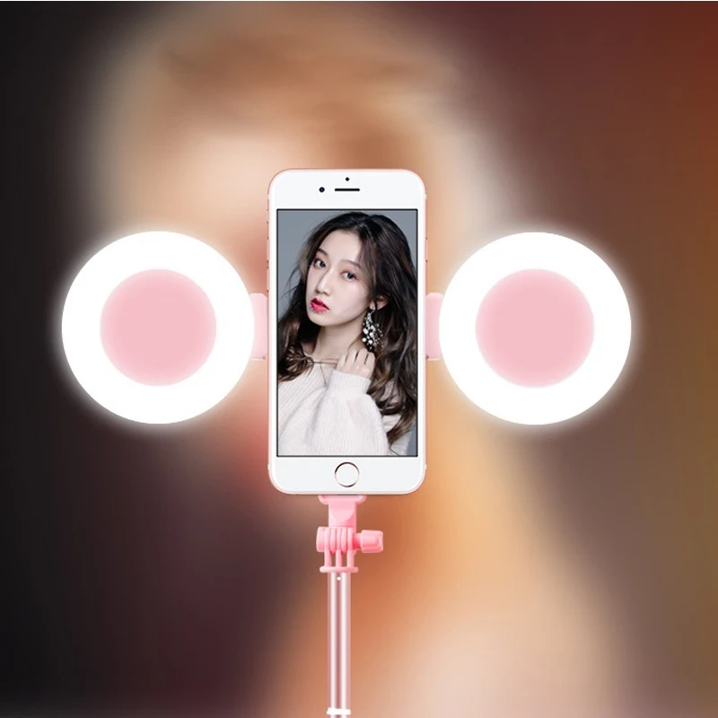 

1.7m Extendable live Tripod Support LED Ring Dual light mirror Stand 4 in 1 Phone Mount for iPhone X 8 Android