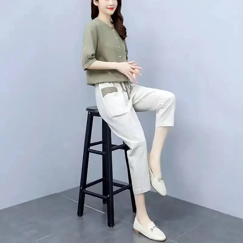 One-Piece/Suit Cotton Linen Women 2022 New Women's Short-Sleeved Shirt Nine-Point Pants Two-Piece Female Top Set  L658
