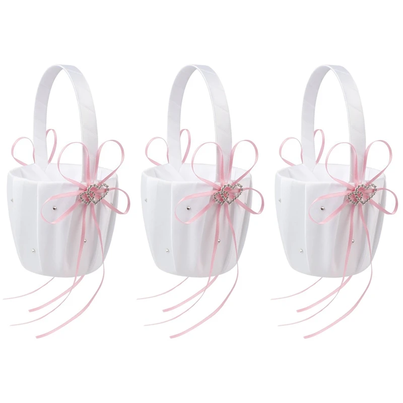 

3X Double Heart Wedding Flower Girl Basket White Satin Rhinestone Decor Pink Wedding Party Favor