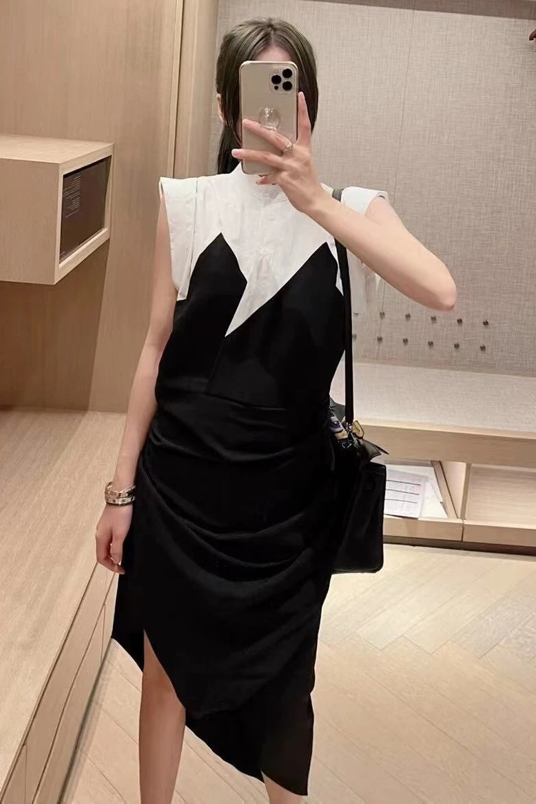 

2021 Summer Women Black White Color Matching A-line Irregular Fishtail Dress Ladies Fashion Stand Collar Pullover Mid-calf Dress