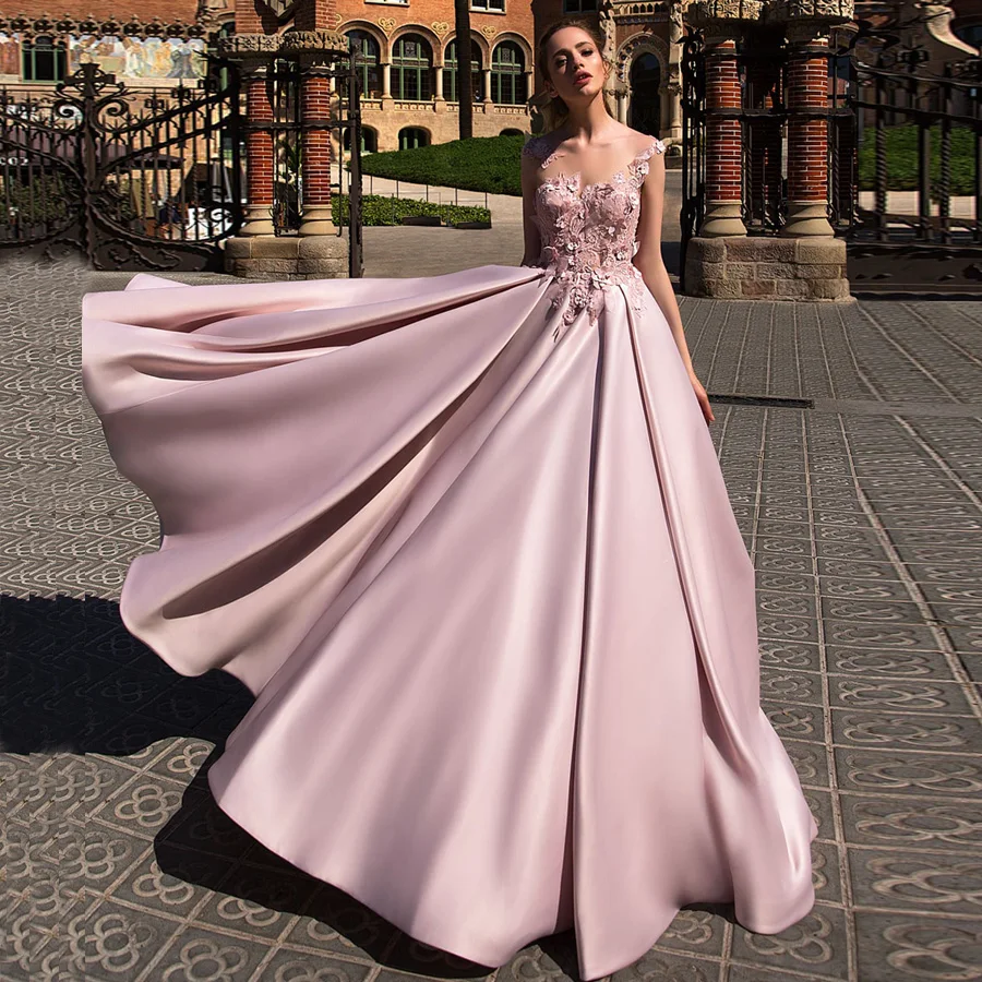 

New Arrival Pink Prom Dresses Party Dress Scoop Neck Sleeveless Applique Flowers A-line Robe De Soiree Satin Evening Dress