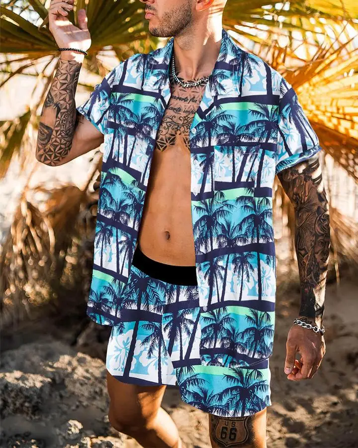 

WENYUJH Fashion Hawaiian Print Short Sleeve Shirt Set Men Beach Coconut Print Shorts Men's Daily Beach Shirt Set Two-piece S-2XL