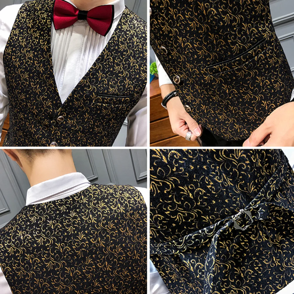 

Fashion New Men's Gilet Homme Formal Gold Floral Print Dress Vests For Men Wedding Waistcoat Suit Chalecos Para Hombre