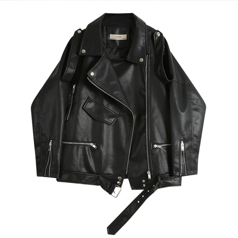 

Ailegogo Spring Autumn Oversized Faux Leather Jacket with Belt Women Casual Loose Biker Outwear Female BF Black Leather Coat