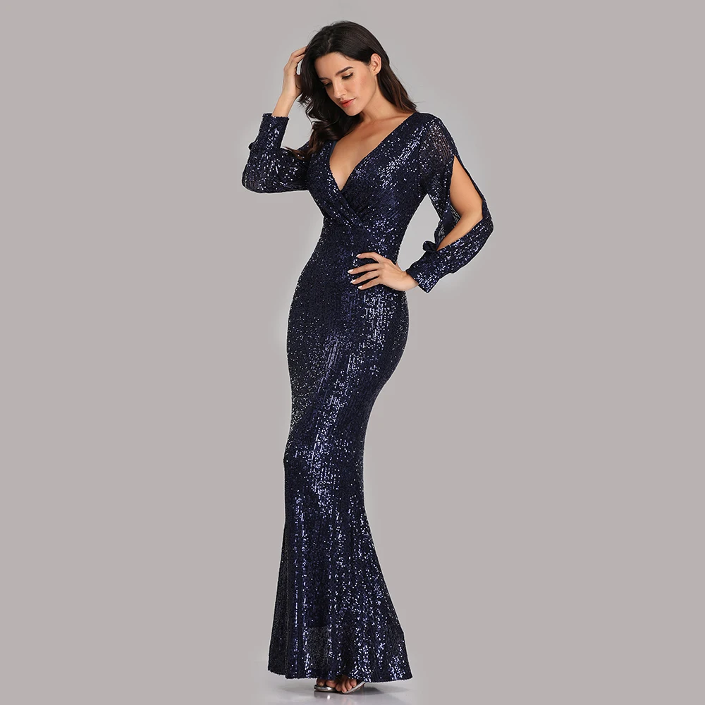 Вечернее платье, длинное, расшитое блестками, элегантное, Robe De Soiree, сексуальное, с глубоким v-образным вырезом, с разрезом, торжественное платье, полный рукав, вечернее платье LT008