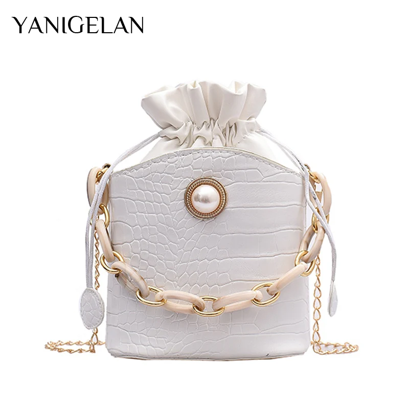 

2021 New Mini Crossbody Handbags Leather String Bucket Bag Female Chain Crocodile Pattern Ladies Purses Exquisite Shopping Totes