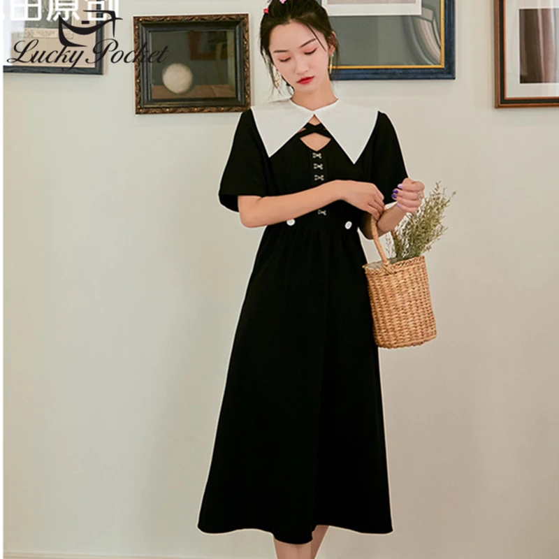 Женское свободное однотонное платье средней длины весеннее черное винтажное в