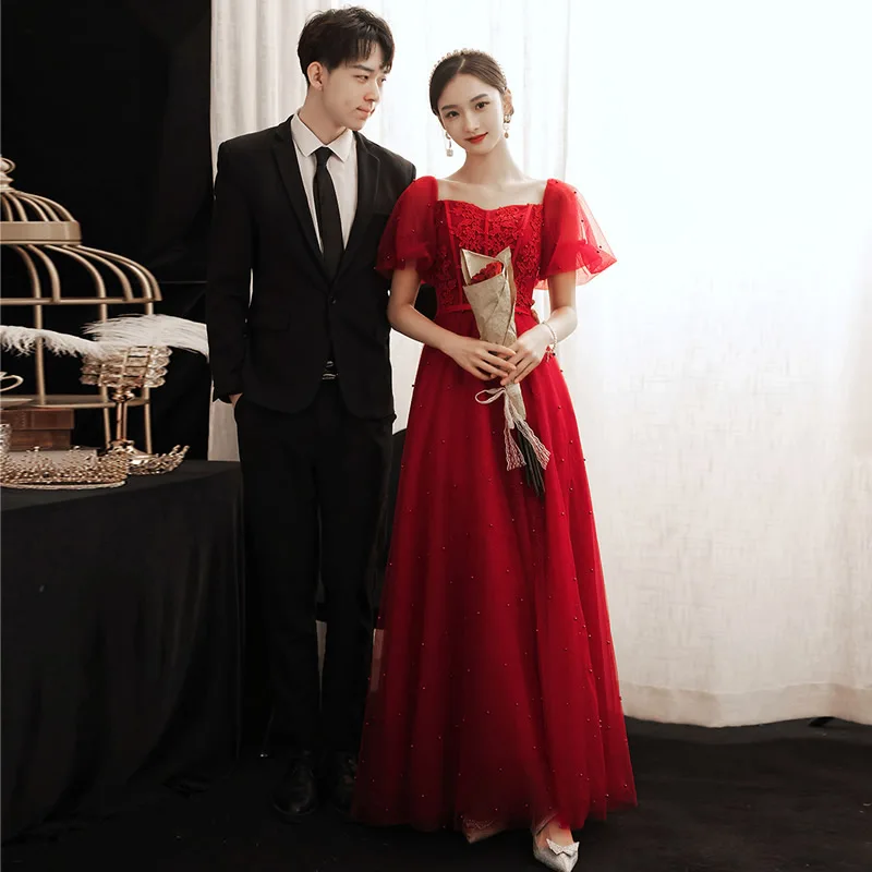 

Женское вечернее платье с пышными рукавами, длинное бордовое элегантное Тюлевое платье-трапеция до пола, платье для выпускного вечера, Weding