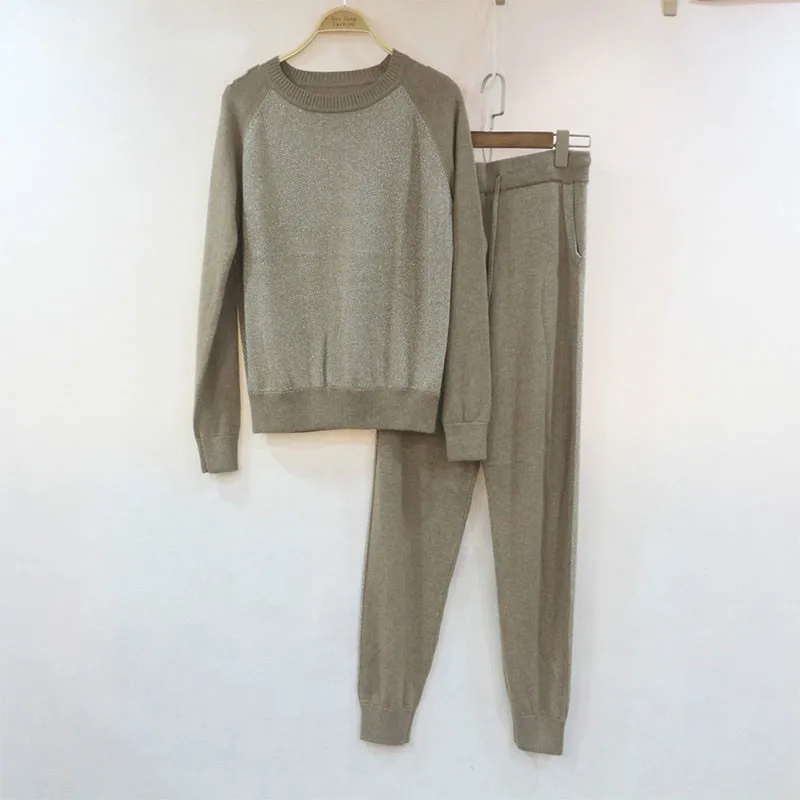 

2020 Top Fashion New Knitted Two-piece Women's Color Matching Bright Line Pullover Sweater Casual Trousers Cashmere Suit Full