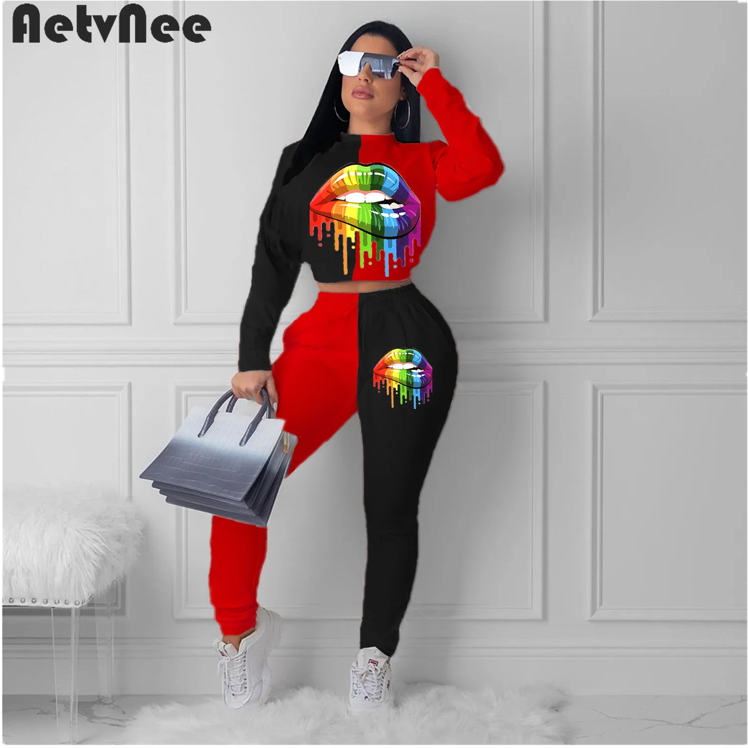 

Женский спортивный костюм AetvNee из двух предметов, футболка с длинным рукавом и круглым вырезом и брюки-карандаш с эластичным поясом, осень ...