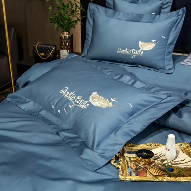 

luxury 60S Egyptian Cotton bedding set feather embroidery Bed set Duvet Cover Bed Sheet High End Premium king queen size