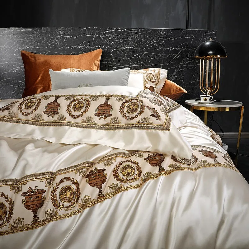 

Chic Embroidery Luxury Duvet Quilt Cover Bed Sheet Pillowcases 4/6Pcs Queen King Bedding Set 1000TC Egyptian Cotton Sateen Silky