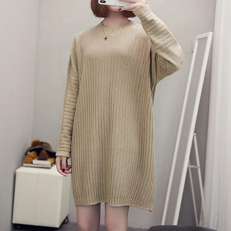 

LUKAXSIKAX 2020 New Autumn Winter Women Plus Size Loose Dress High Quality Elegant Solid Color Knitted Sweater Dress