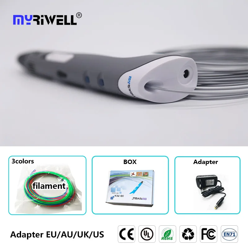 Myriwell, 3D Ручка, 3d ручка, RP-100A, pla, 1,75 мм, abs нить, 3d печать, ручка, 3 d ручка, инструмент для рисования, для детей, подарок на день рождения - Цвет: only Gray pen