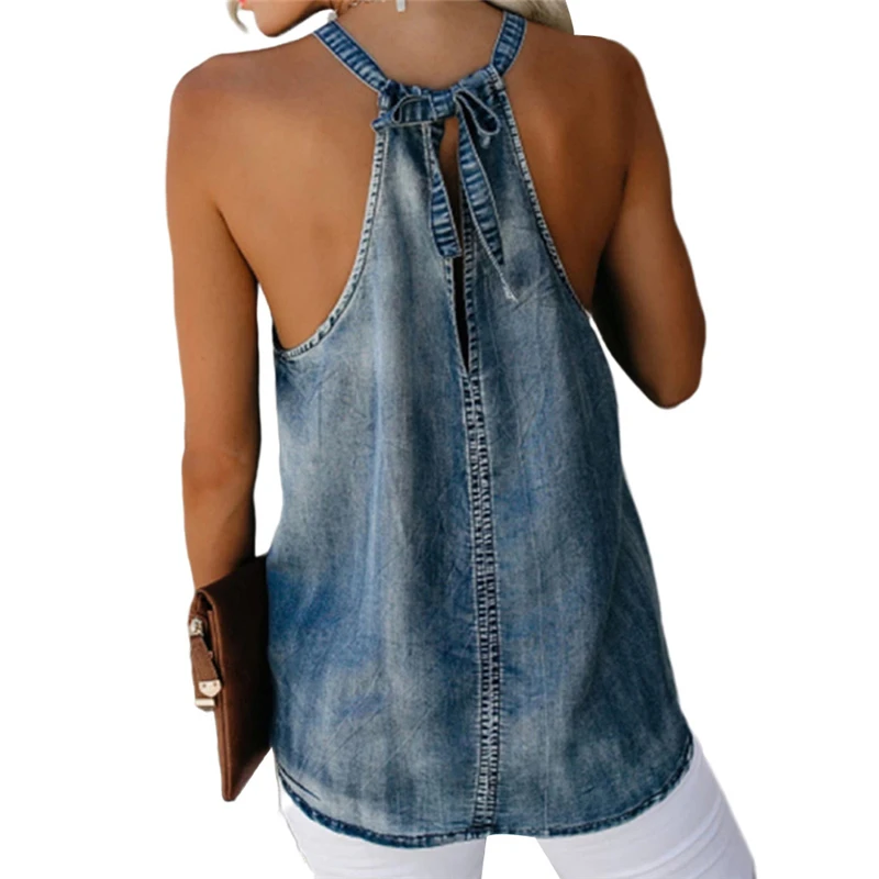 

2020 Fashion Trend Women Ladies Sexy Halter Denim Imitation Jean Vest Solid Color Lace up Sleeveless Casual Top Tanks Camisole