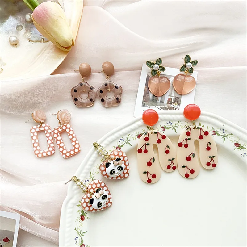 

Korean Drop Dangle Earrings Kawaii Cute Women Wholesale Acrylic Cherry Fruits Dot Geometric Fashion Jewelry Accessories Heart